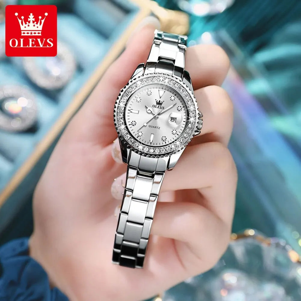 OLEVS Diamond Dial Quartz Watch for Women | Elegant Stainless Steel Timepiece