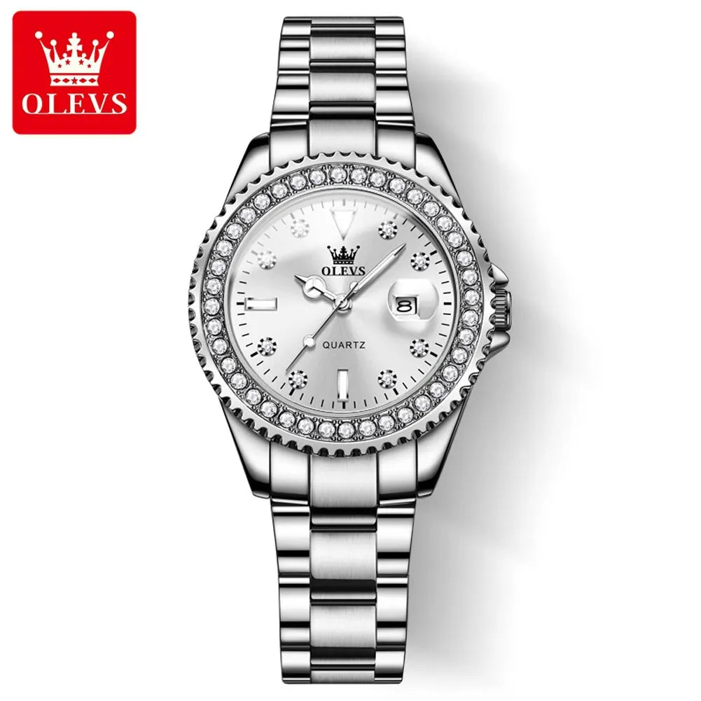 OLEVS Diamond Dial Quartz Watch for Women | Elegant Stainless Steel Timepiece