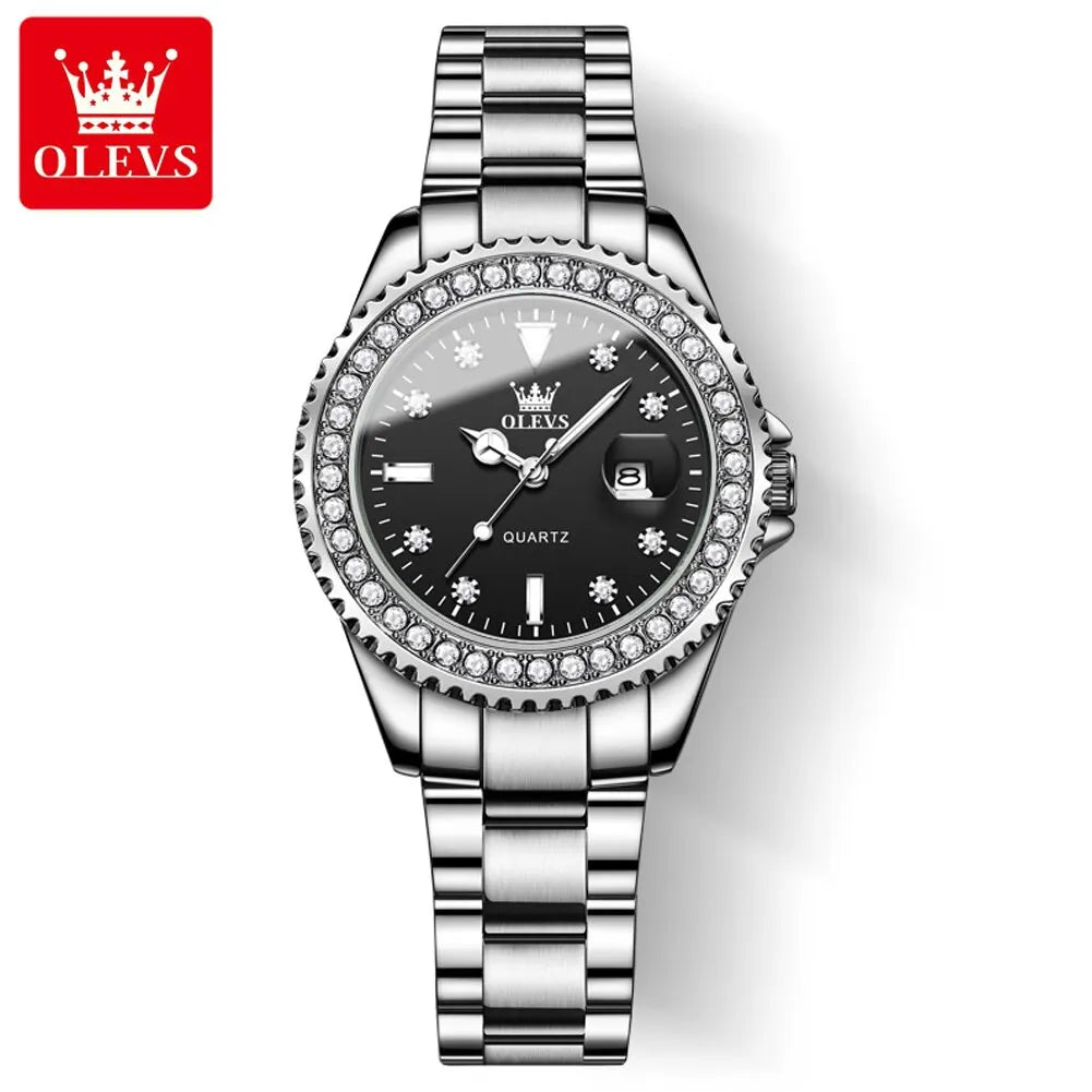 OLEVS Diamond Dial Quartz Watch for Women | Elegant Stainless Steel Timepiece