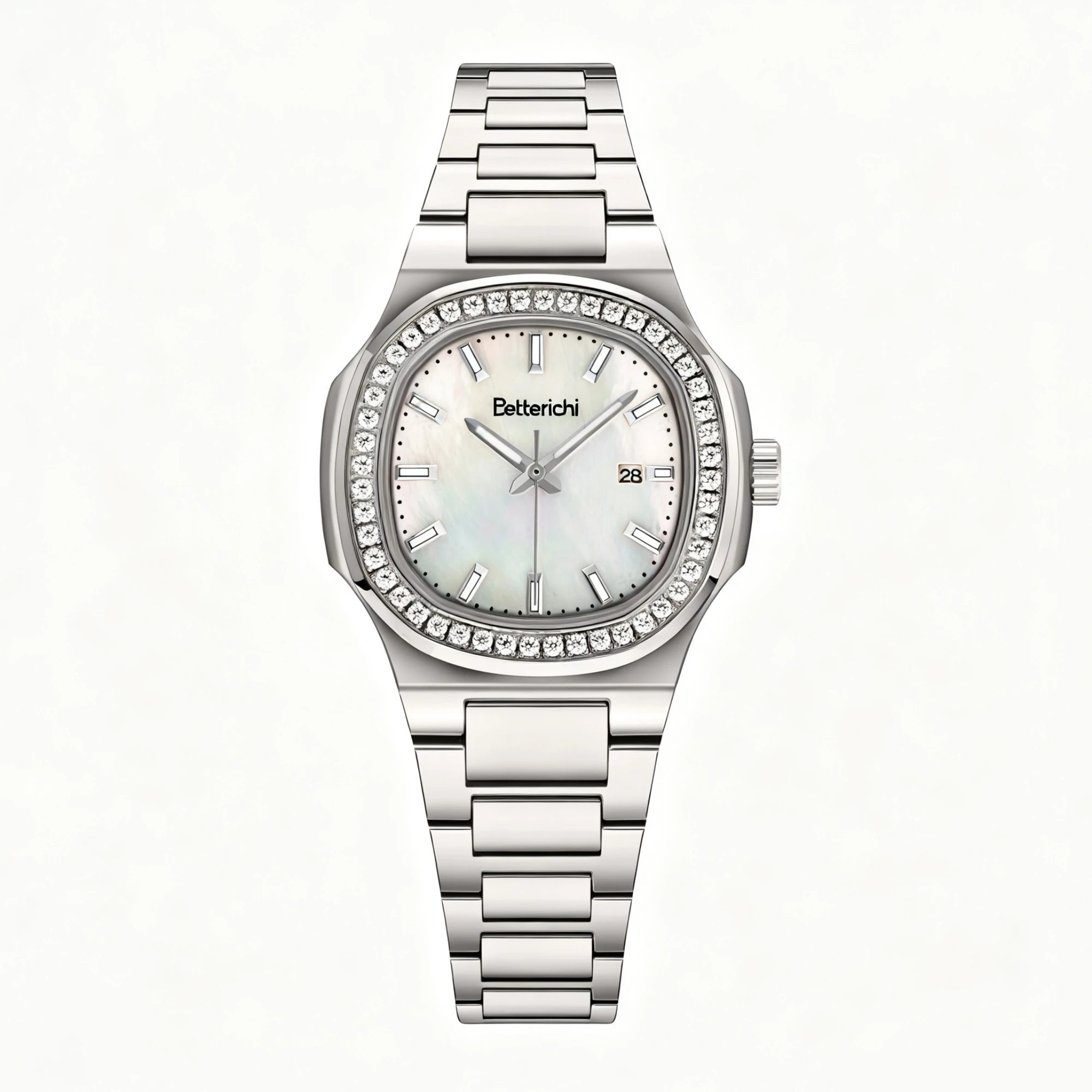 Betterichi 2026 New Rare Women Watch, Paved Diamond Bezel Natural Mother of Pearl Dial, Elegant Light Luxury Steel Strap Wristwa