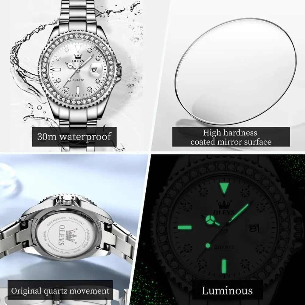 OLEVS Diamond Dial Quartz Watch for Women | Elegant Stainless Steel Timepiece