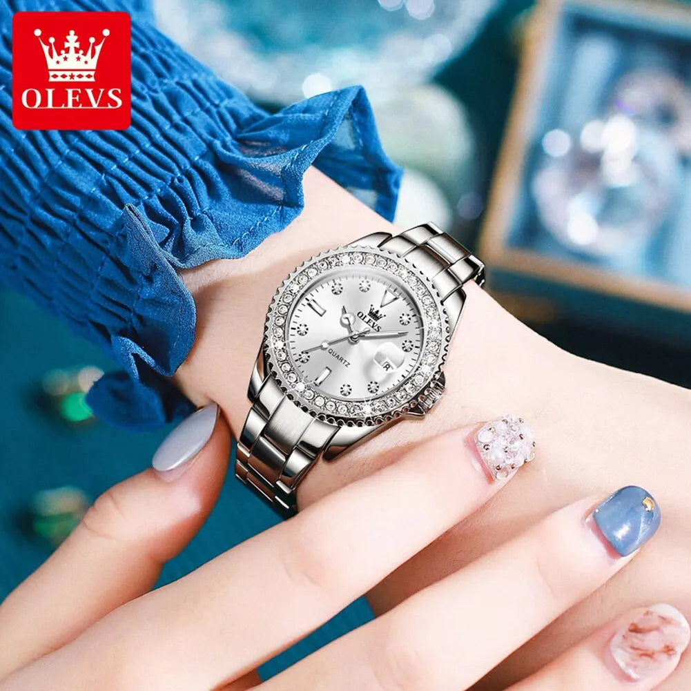 OLEVS Diamond Dial Quartz Watch for Women | Elegant Stainless Steel Timepiece
