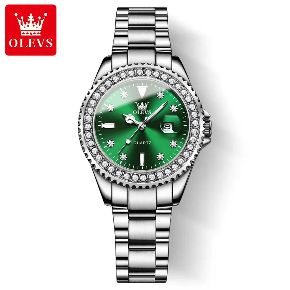 OLEVS Diamond Dial Quartz Watch for Women | Elegant Stainless Steel Timepiece