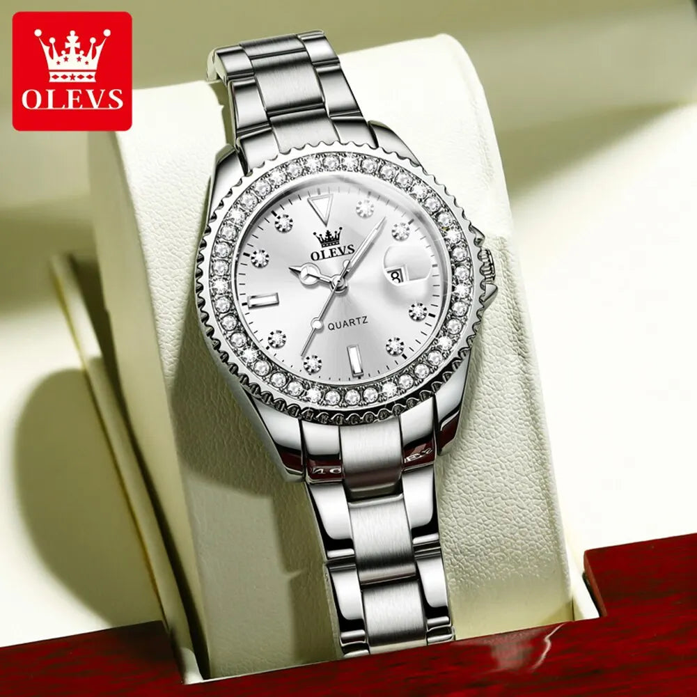 OLEVS Diamond Dial Quartz Watch for Women | Elegant Stainless Steel Timepiece