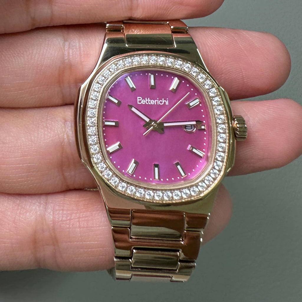 Betterichi 2026 New Rare Women Watch, Paved Diamond Bezel Natural Mother of Pearl Dial, Elegant Light Luxury Steel Strap Wristwa