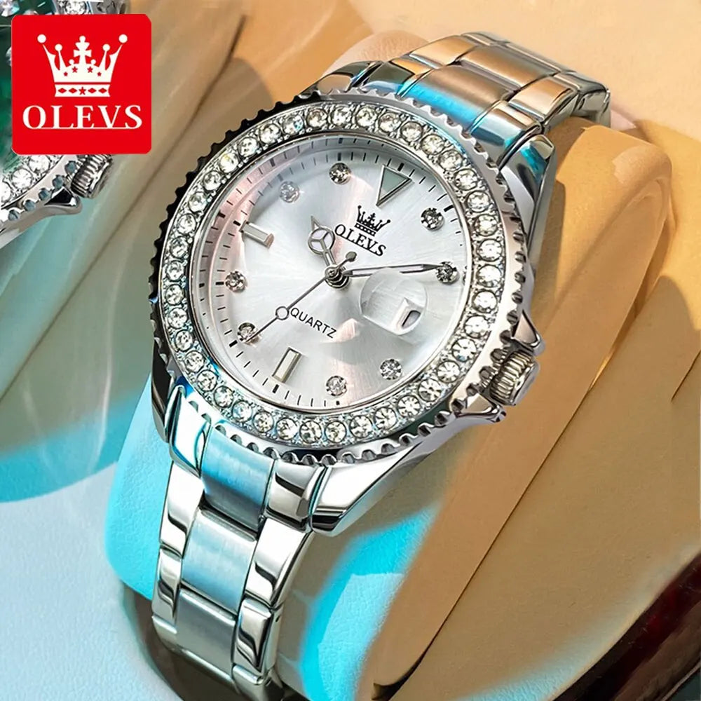 OLEVS Diamond Dial Quartz Watch for Women | Elegant Stainless Steel Timepiece